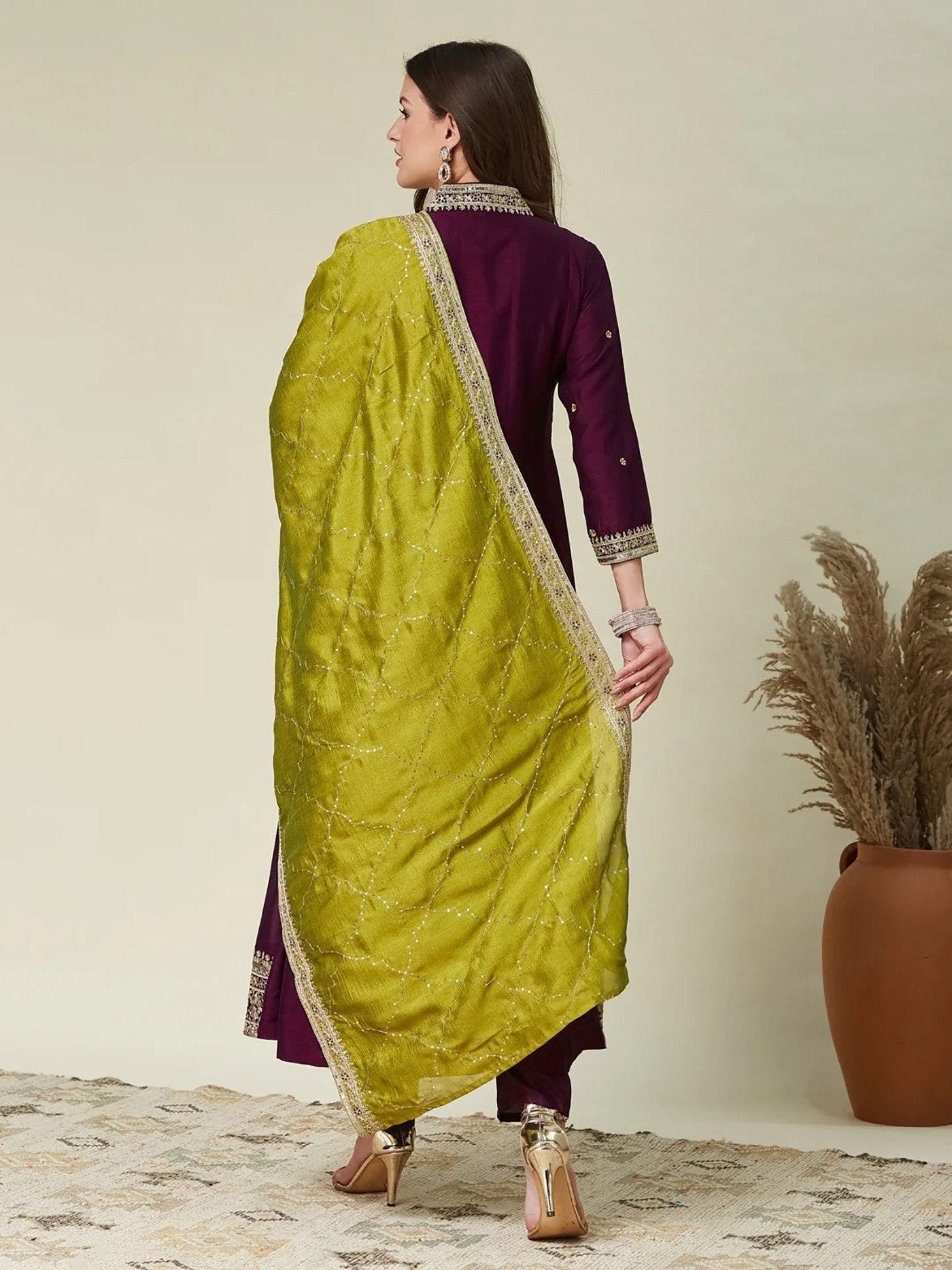 Beige & Wine Vichitra Anarkali Kurti Set with Dupatta