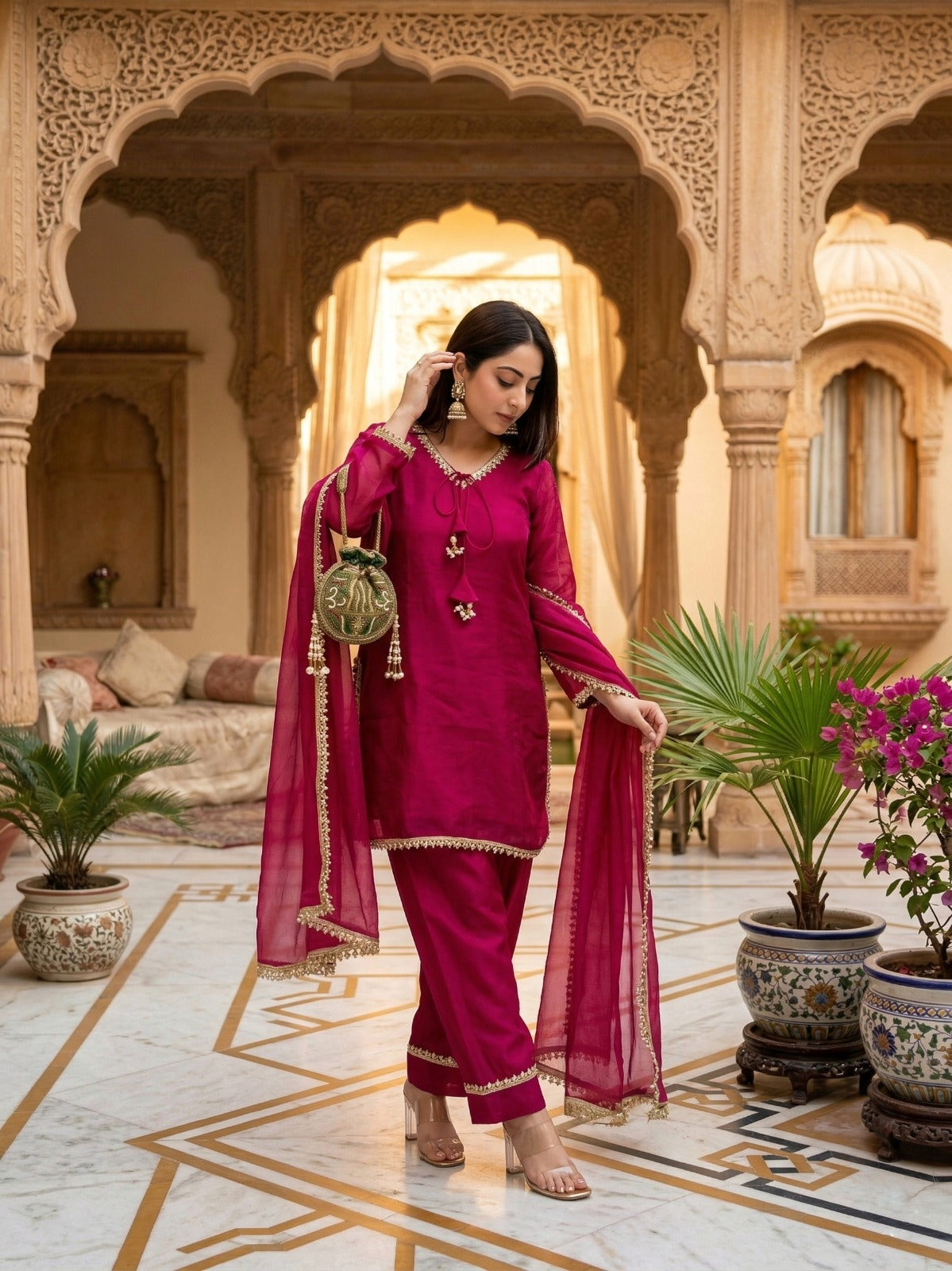 Fendi Satin Mirror Work Farshi Salwar Set with Dupatta