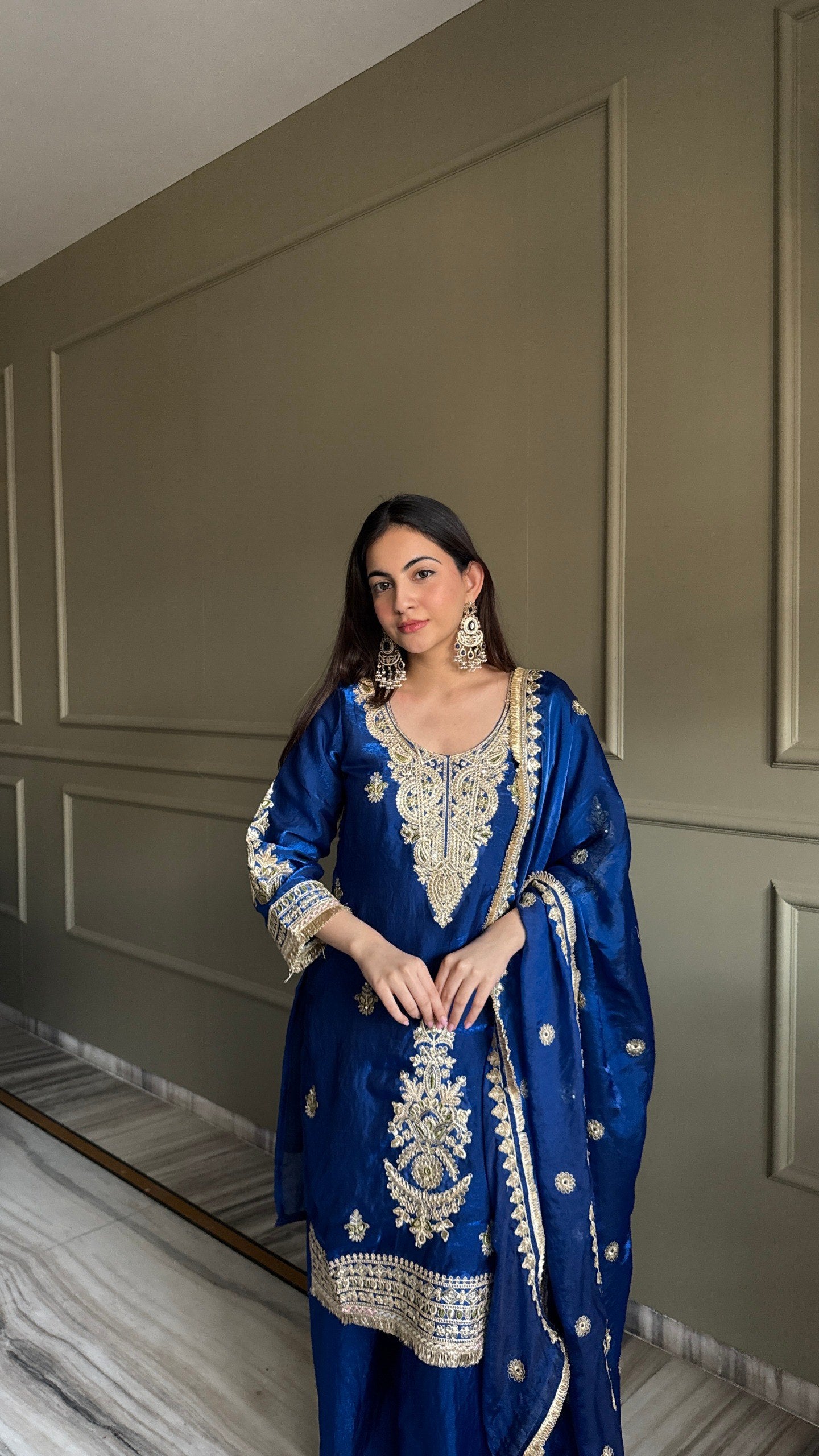 Pink & Navy Fendi Satin Designer Kurti Palazzo Set