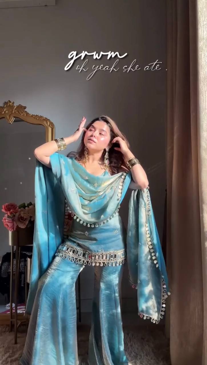 Fendy Silk Sharara Palazzo Set with Dupatta Mirror Work Embroidered Festive Wear