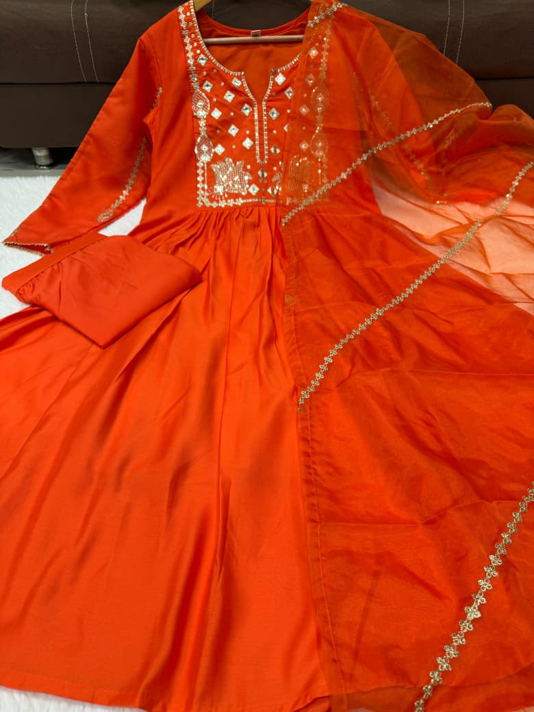Orange & Green Chanderi Silk Kurti Set for Women with Organza Dupatta