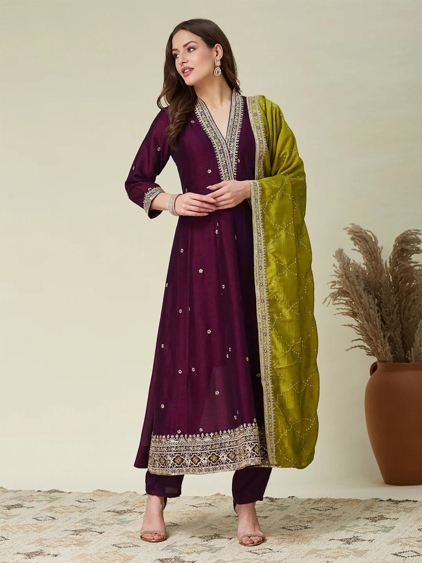 Beige & Wine Vichitra Anarkali Kurti Set with Dupatta
