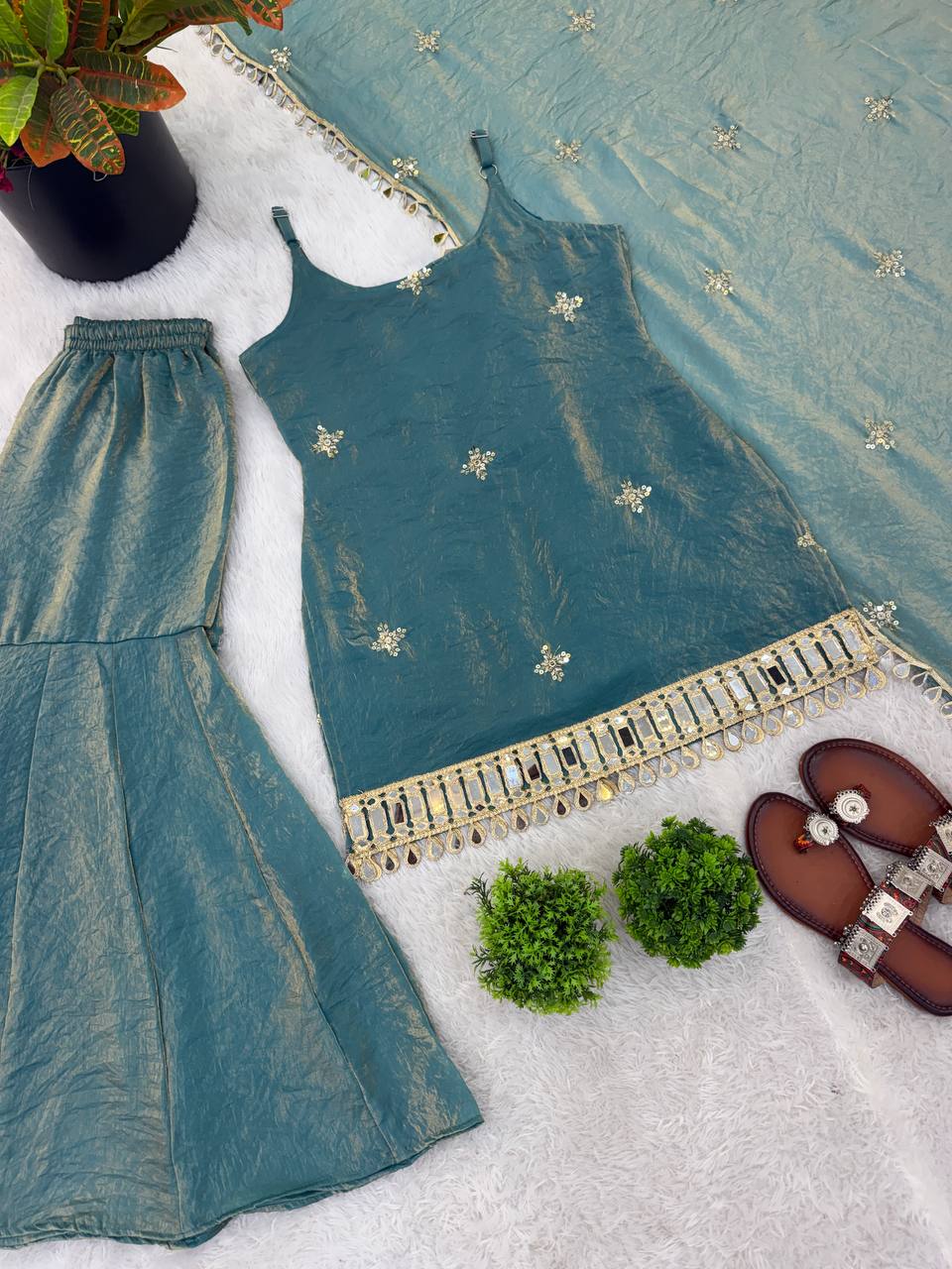 Fendy Silk Sharara Palazzo Set with Dupatta Mirror Work Embroidered Festive Wear