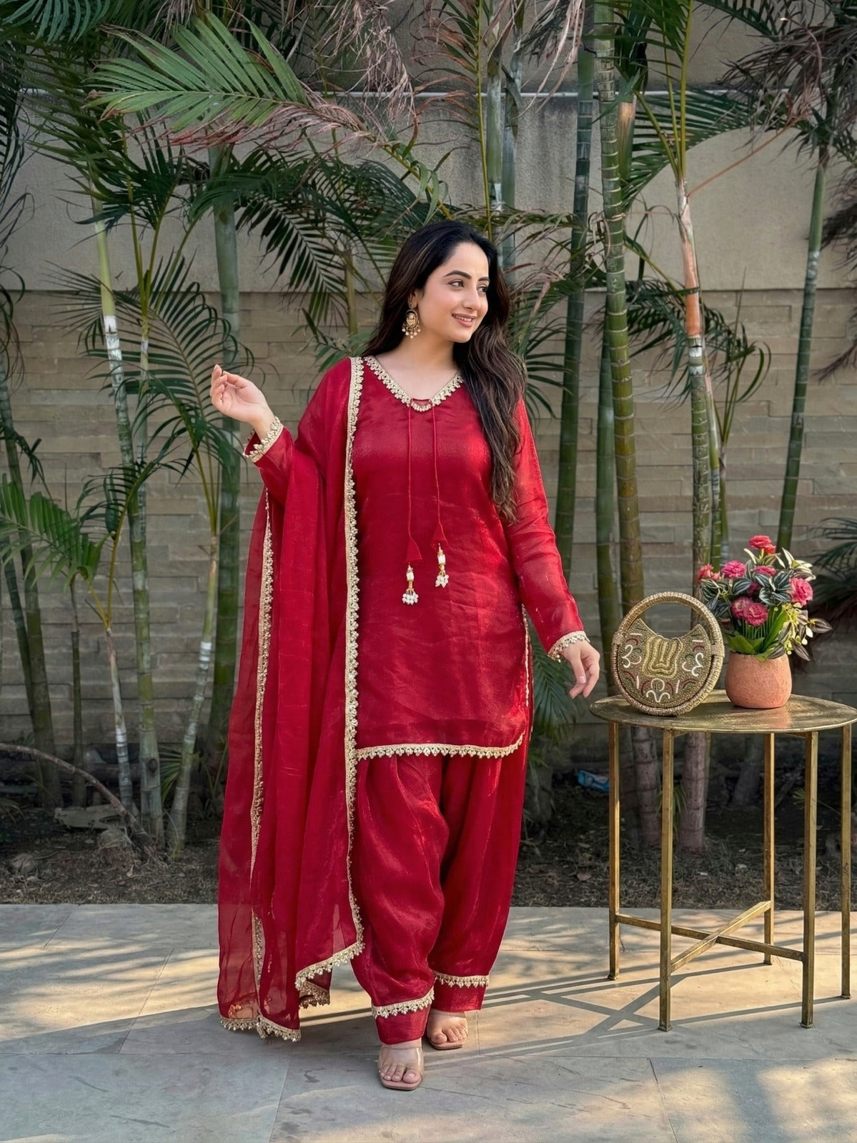 Fendi Satin Mirror Work Farshi Salwar Set with Dupatta