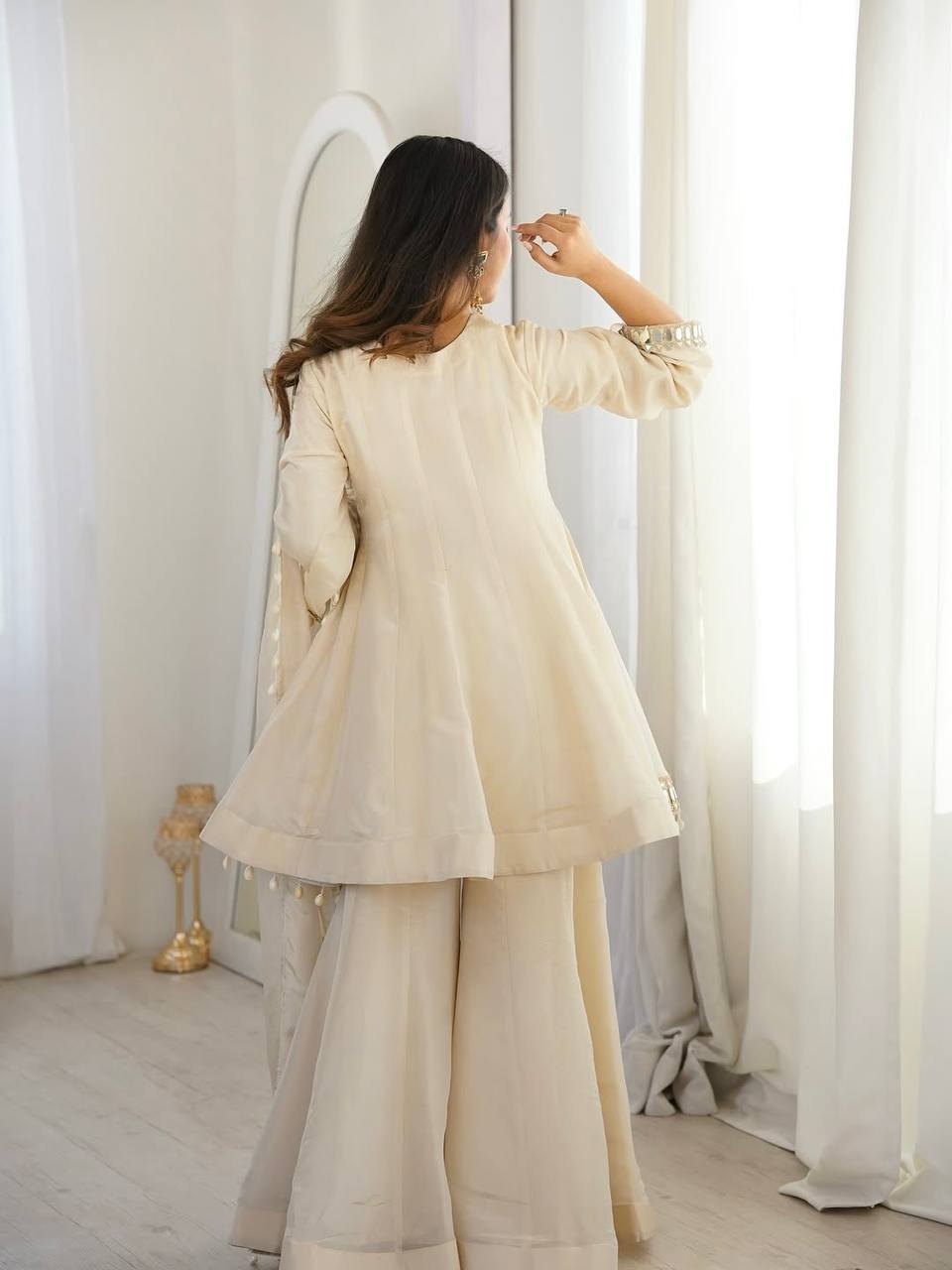 Off White Organza Silk Mirror Work Sharara Set