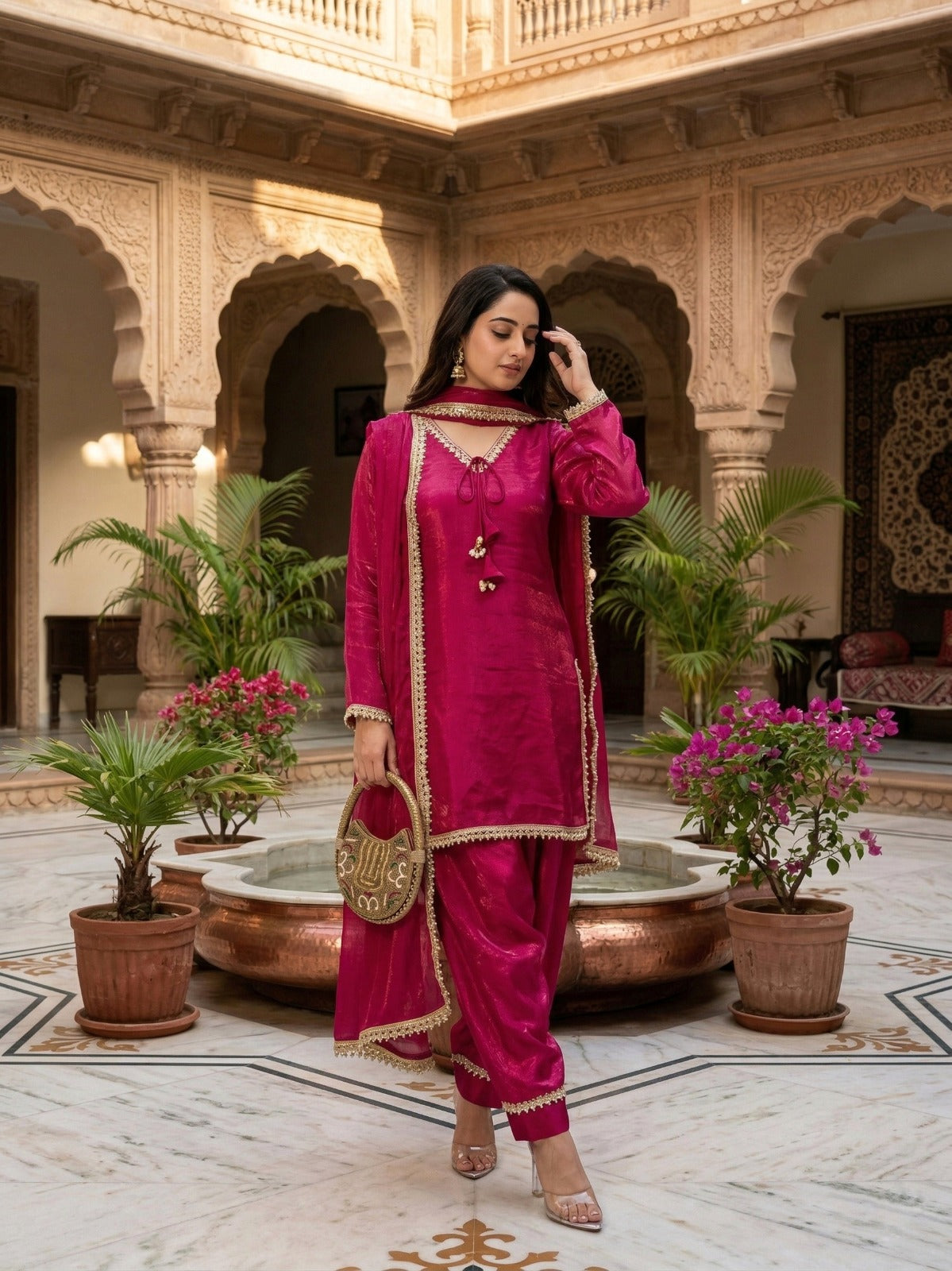 Fendi Satin Mirror Work Farshi Salwar Set with Dupatta