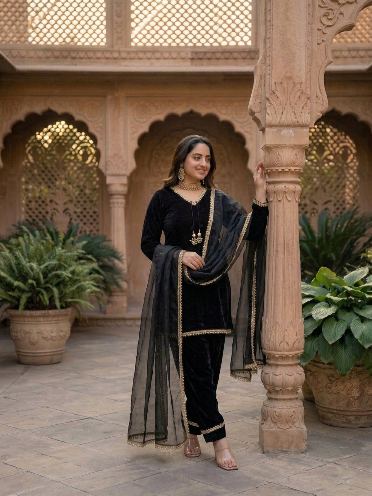 Fendi Satin Mirror Work Farshi Salwar Set with Dupatta