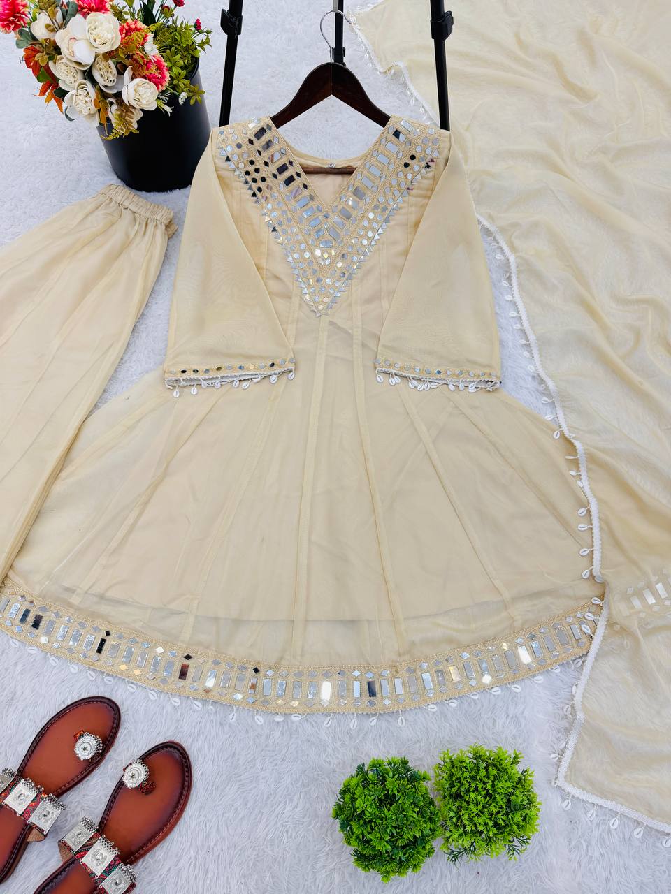 Off White Organza Silk Mirror Work Sharara Set