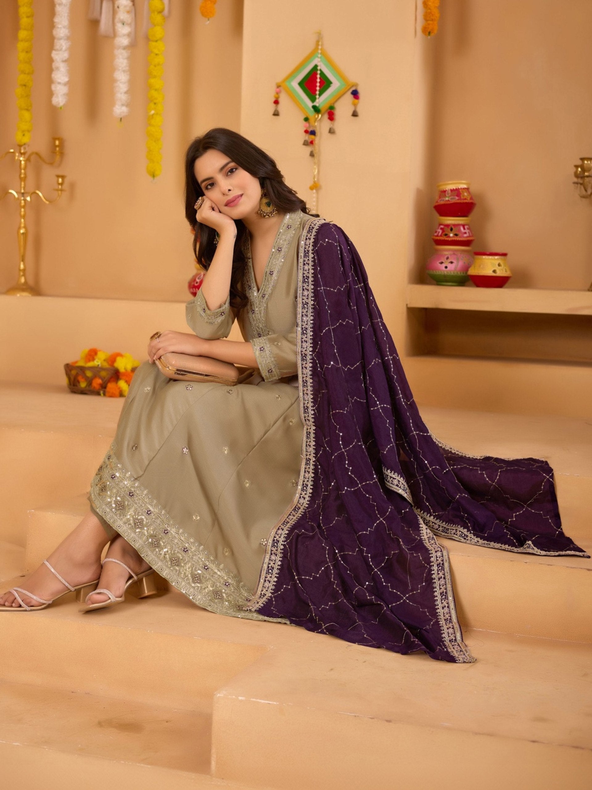 Beige & Wine Vichitra Anarkali Kurti Set with Dupatta