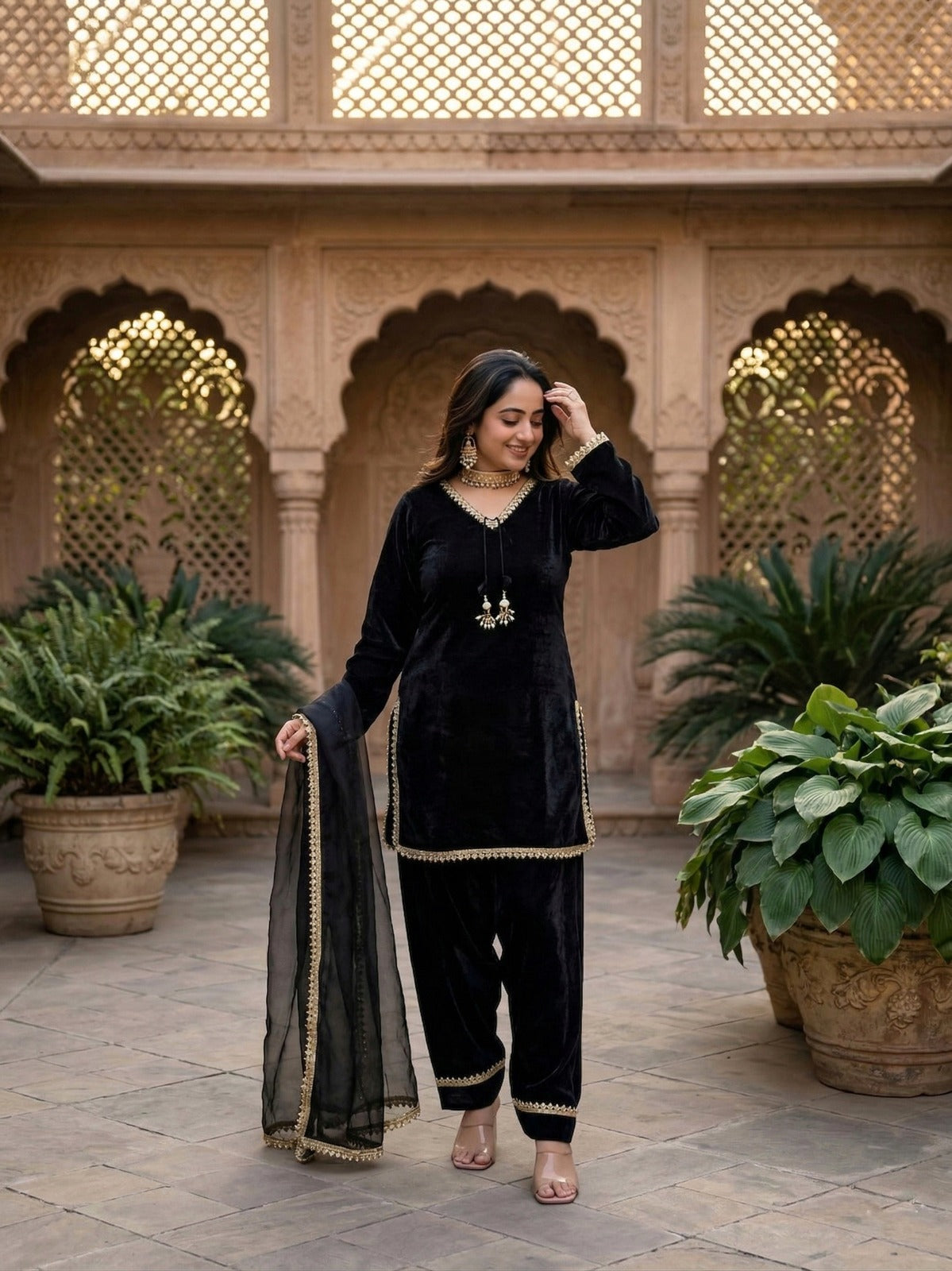 Fendi Satin Mirror Work Farshi Salwar Set with Dupatta