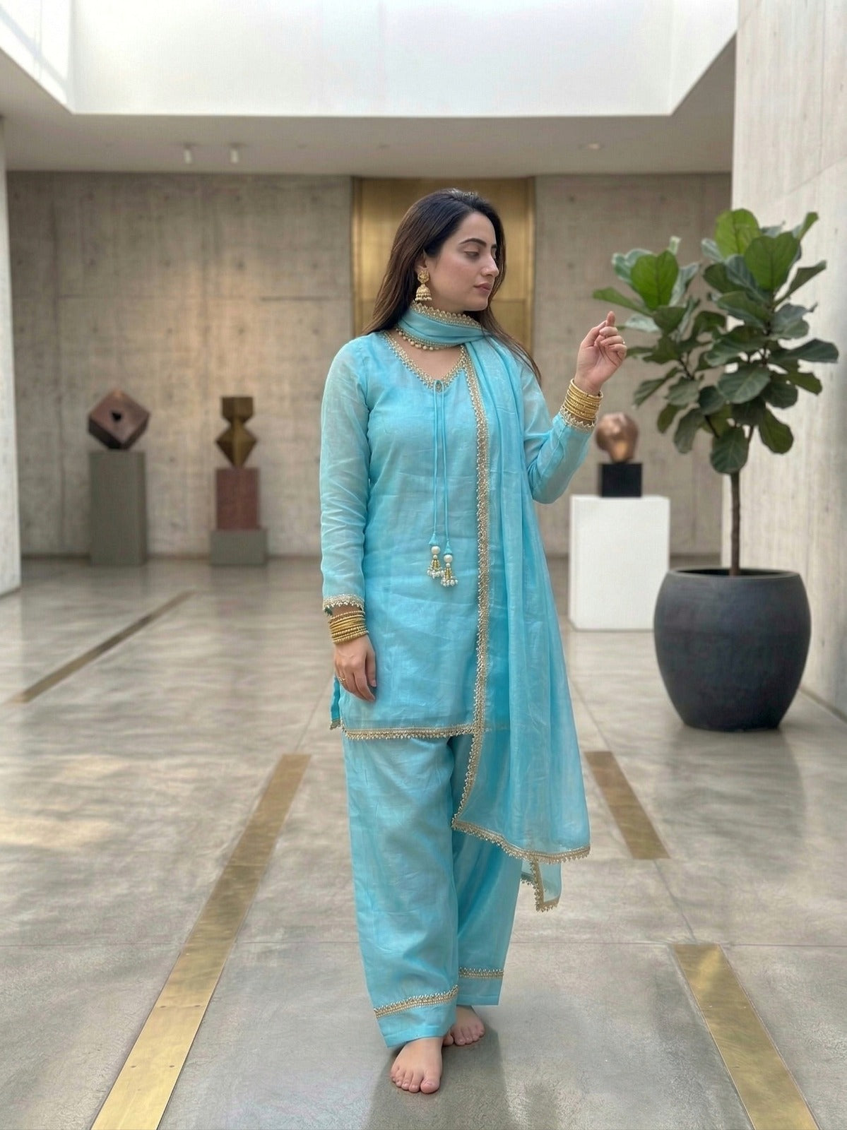 Fendi Satin Mirror Work Farshi Salwar Set with Dupatta