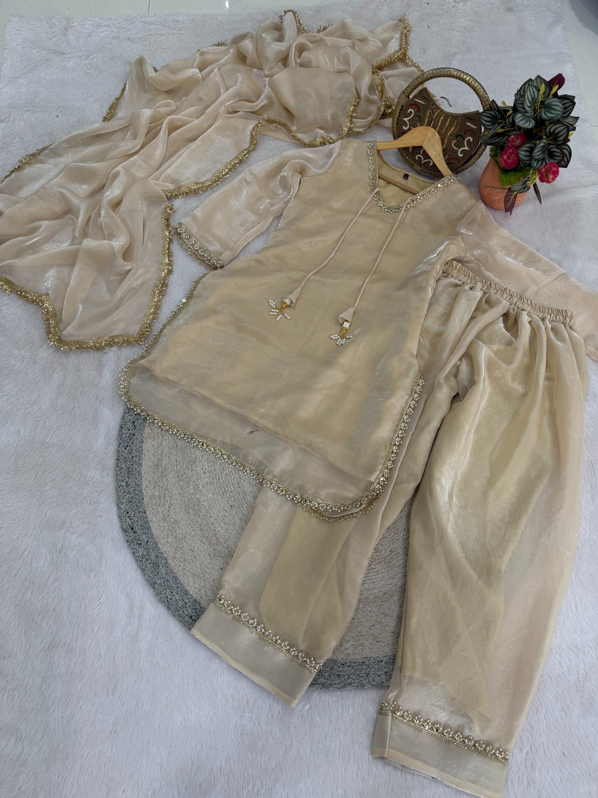 Fendi Satin Mirror Work Farshi Salwar Set with Dupatta