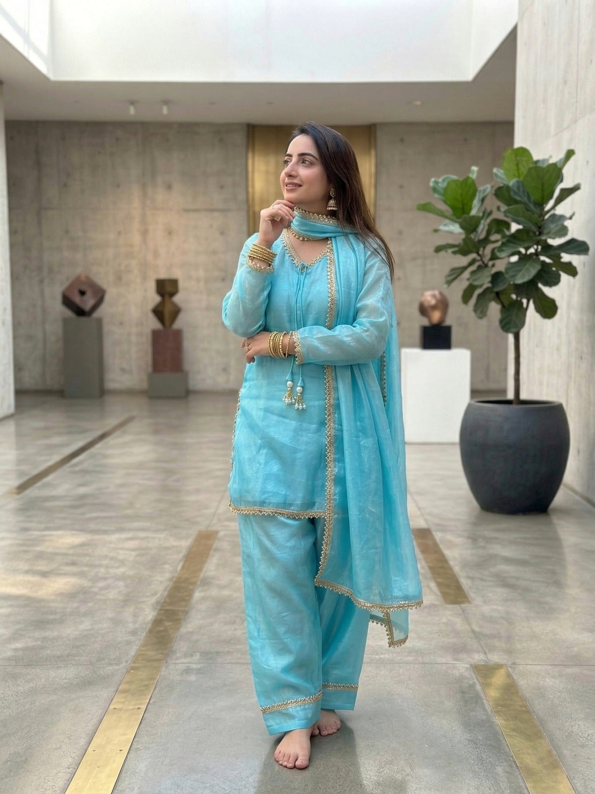 Fendi Satin Mirror Work Farshi Salwar Set with Dupatta