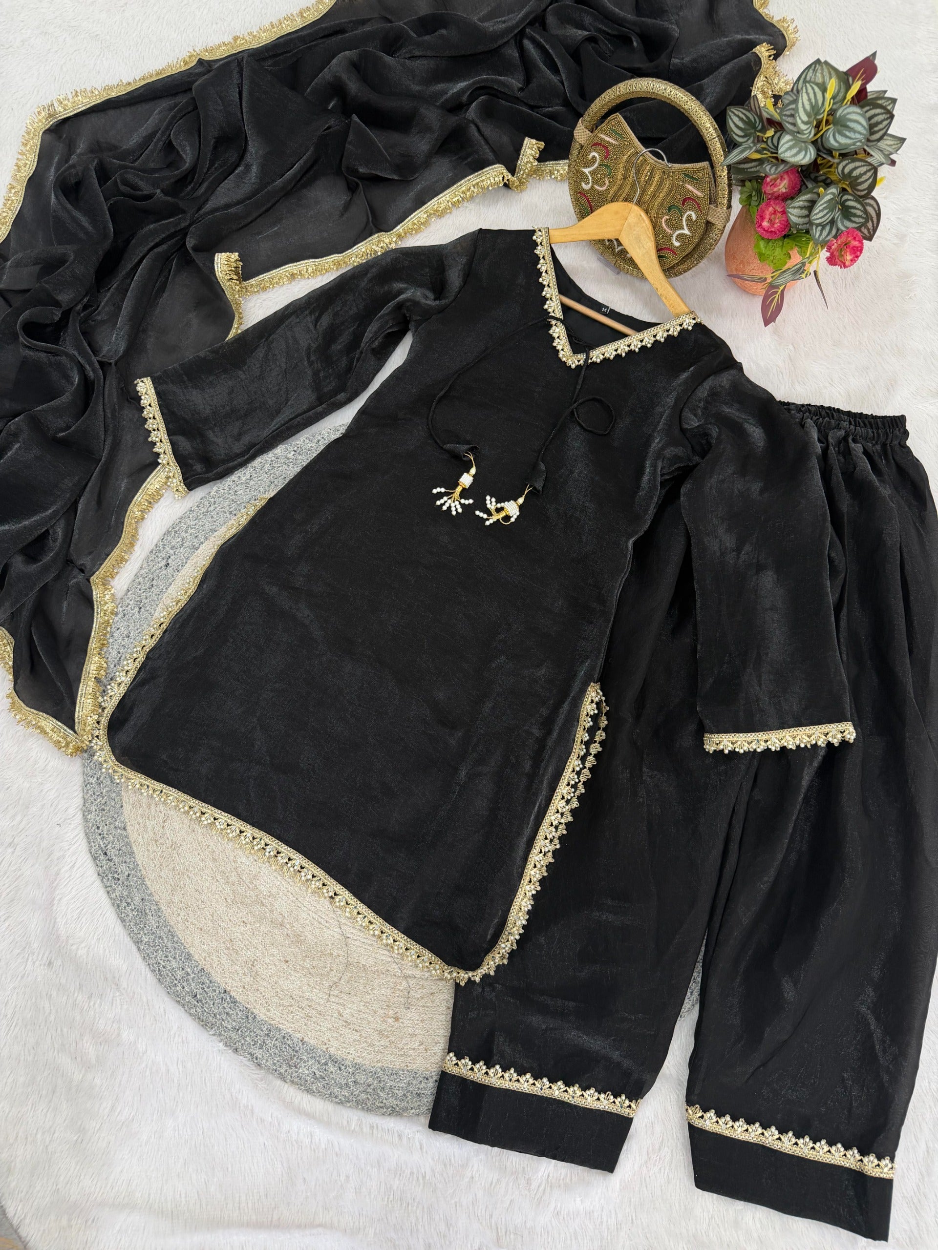 Fendi Satin Mirror Work Farshi Salwar Set with Dupatta