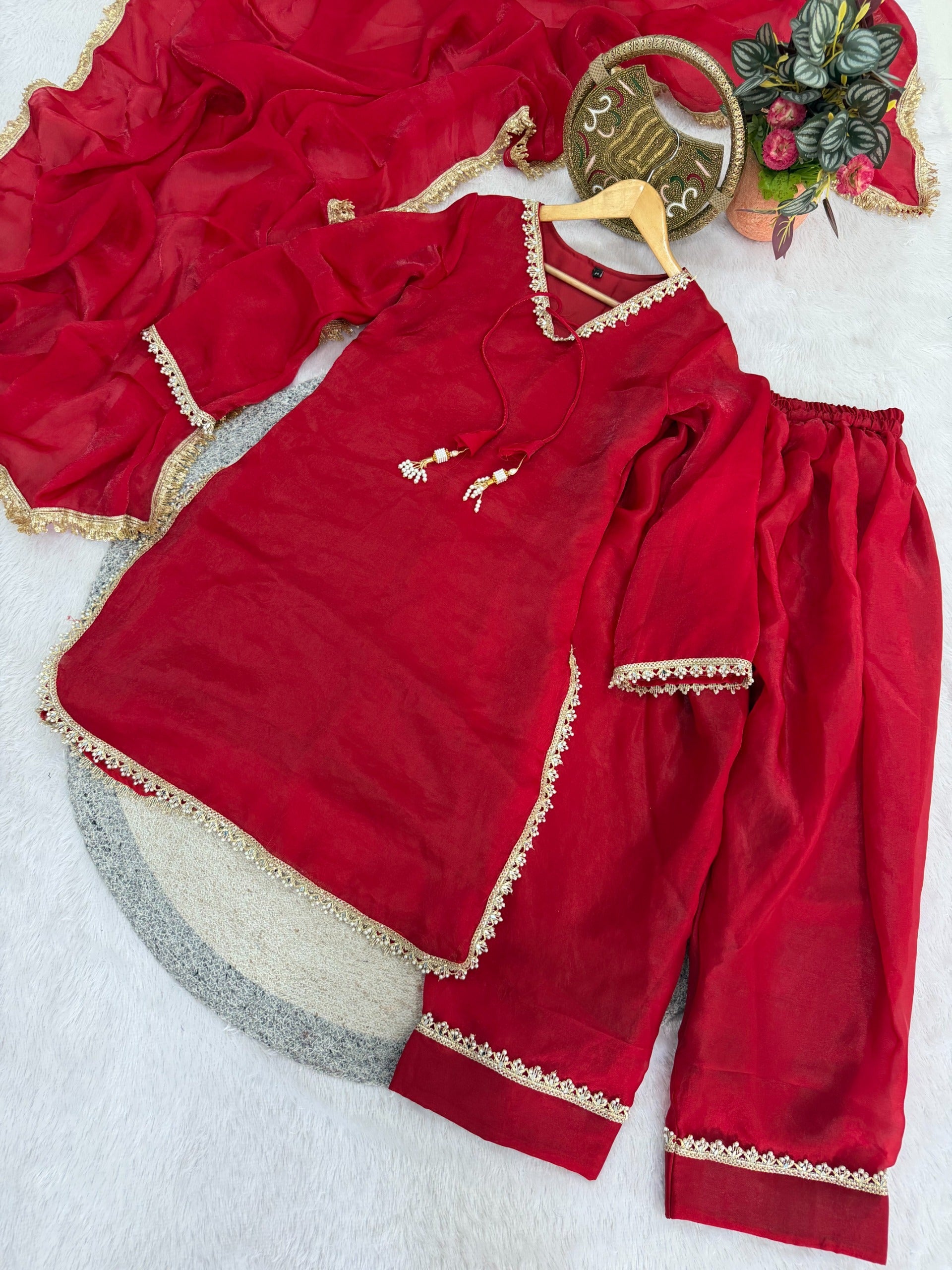 Fendi Satin Mirror Work Farshi Salwar Set with Dupatta