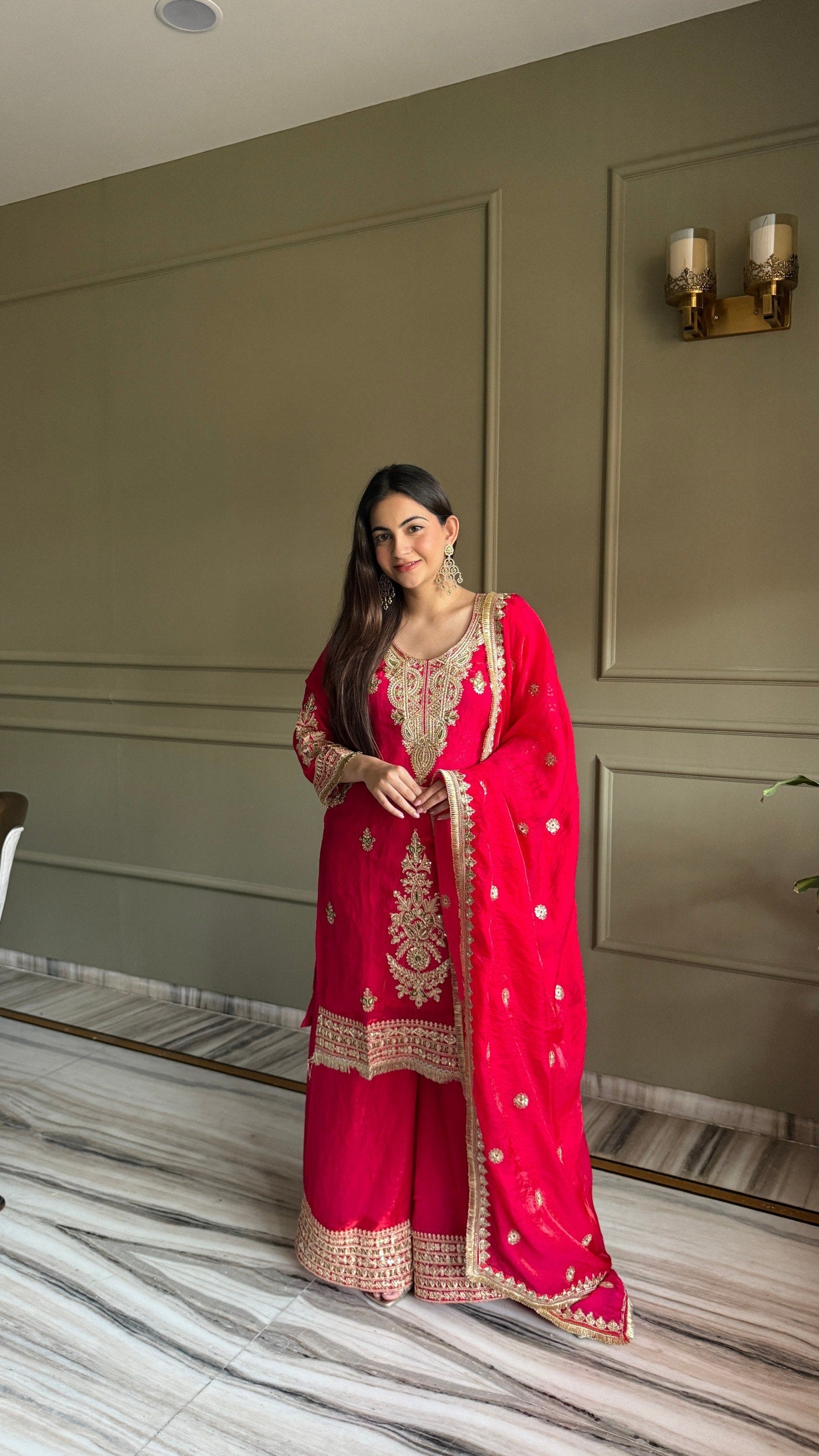 Pink & Navy Fendi Satin Designer Kurti Palazzo Set