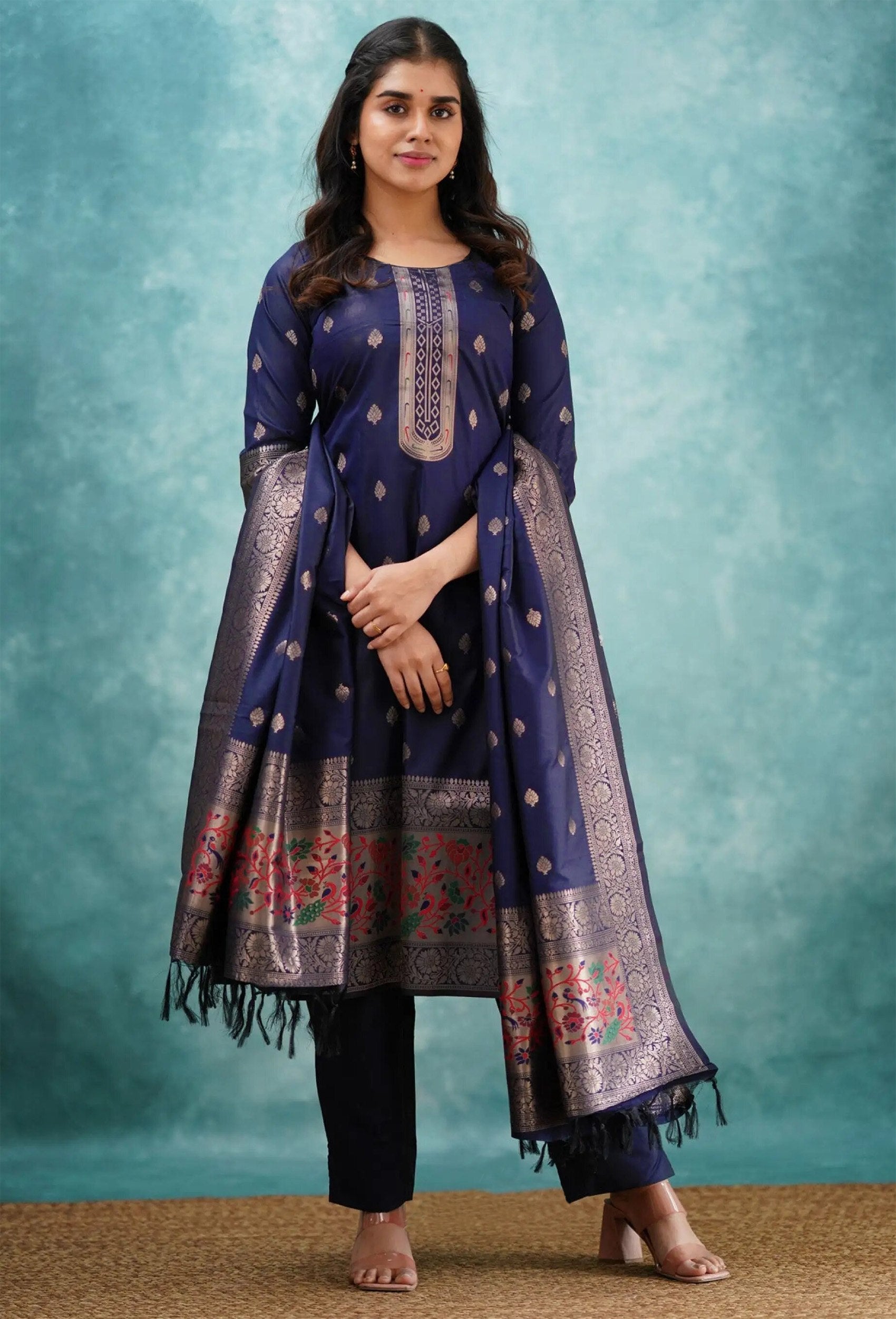 Blue Art Silk Woven Kurti Pant Set with Dupatta
