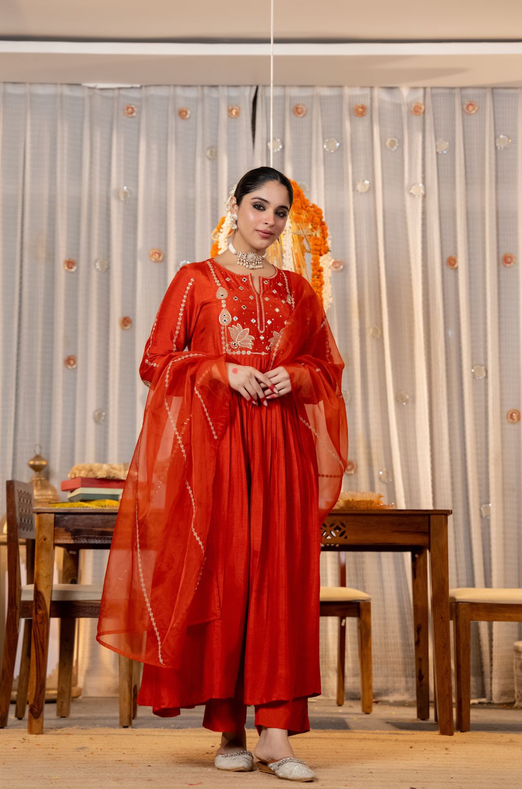 Orange & Green Chanderi Silk Kurti Set for Women with Organza Dupatta