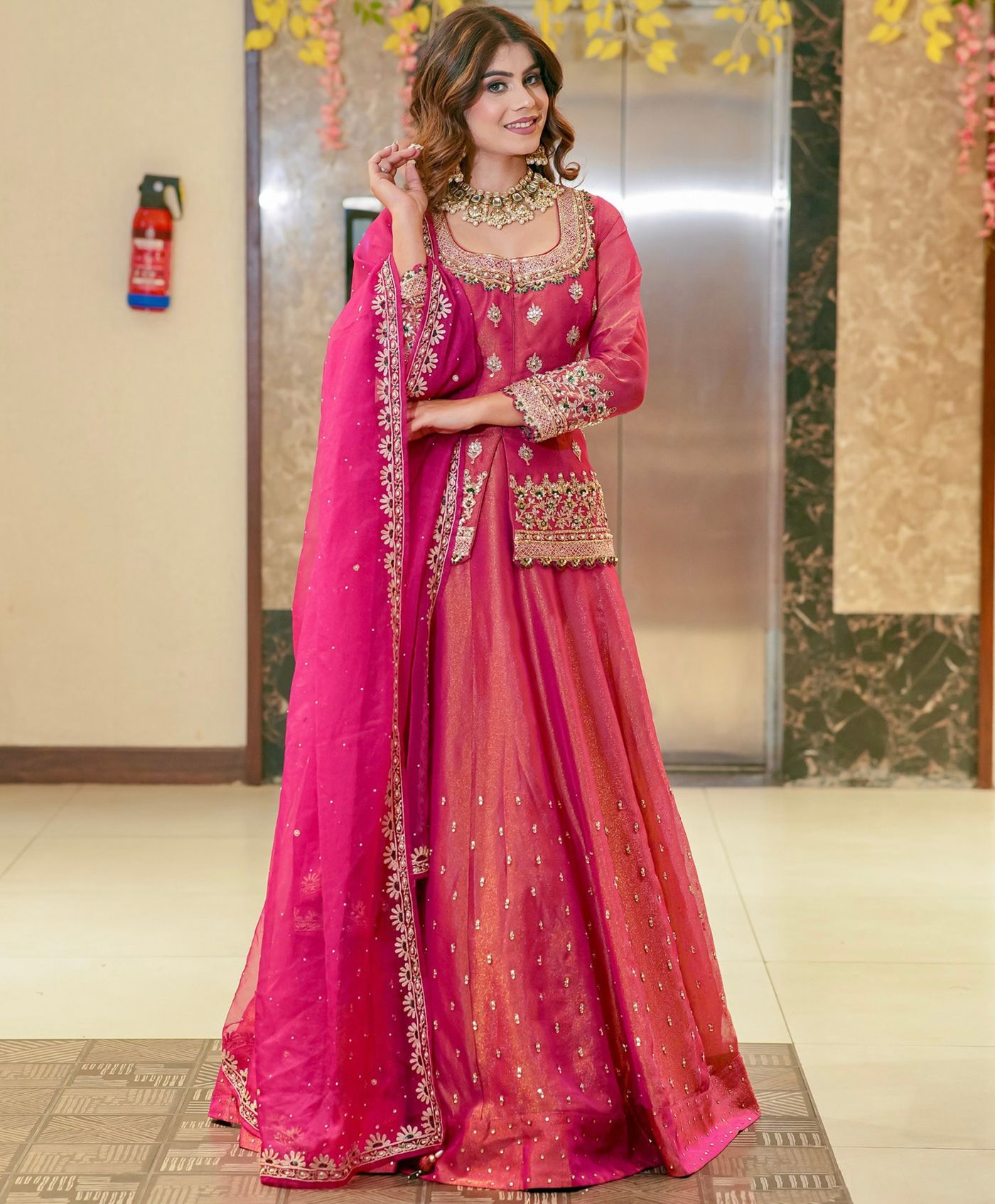Pink Roman Silk Lehenga Choli Set with Net Dupatta