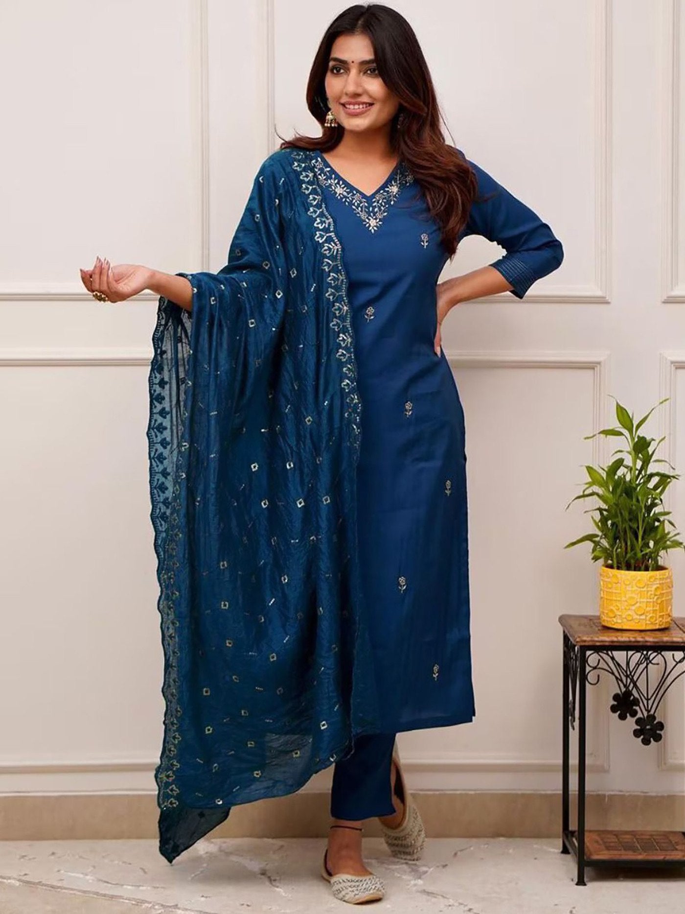 Cerulean Blue Tesla Kurta Pant Set with Vichitra Dupatta