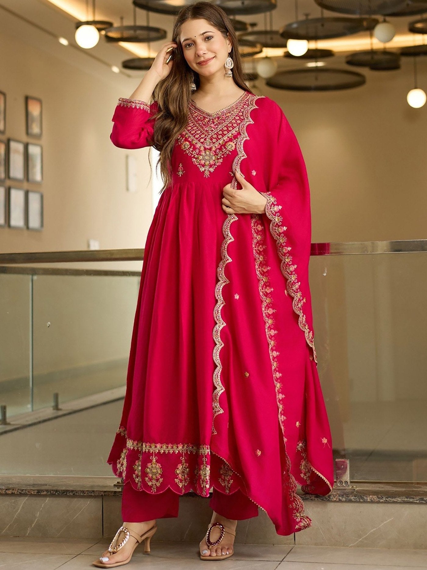 Pink Vichitra Anarkali Sharara Set with Dupatta