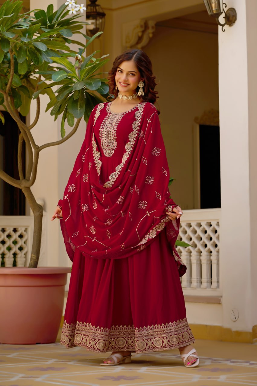 Maroon Sequins Anarkali Gown with Dupatta