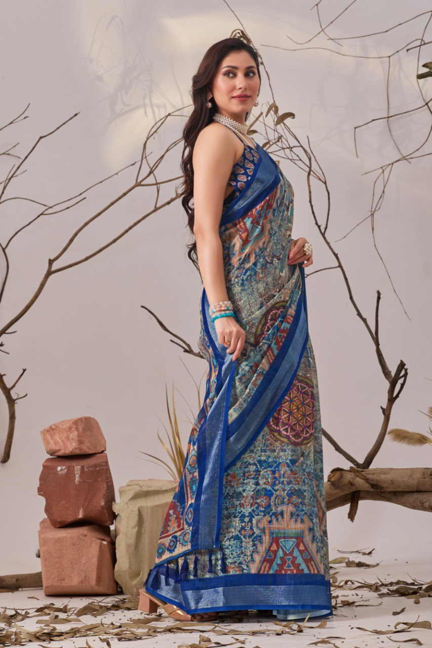 Blue Patola Printed Linen Cotton Saree with Blouse