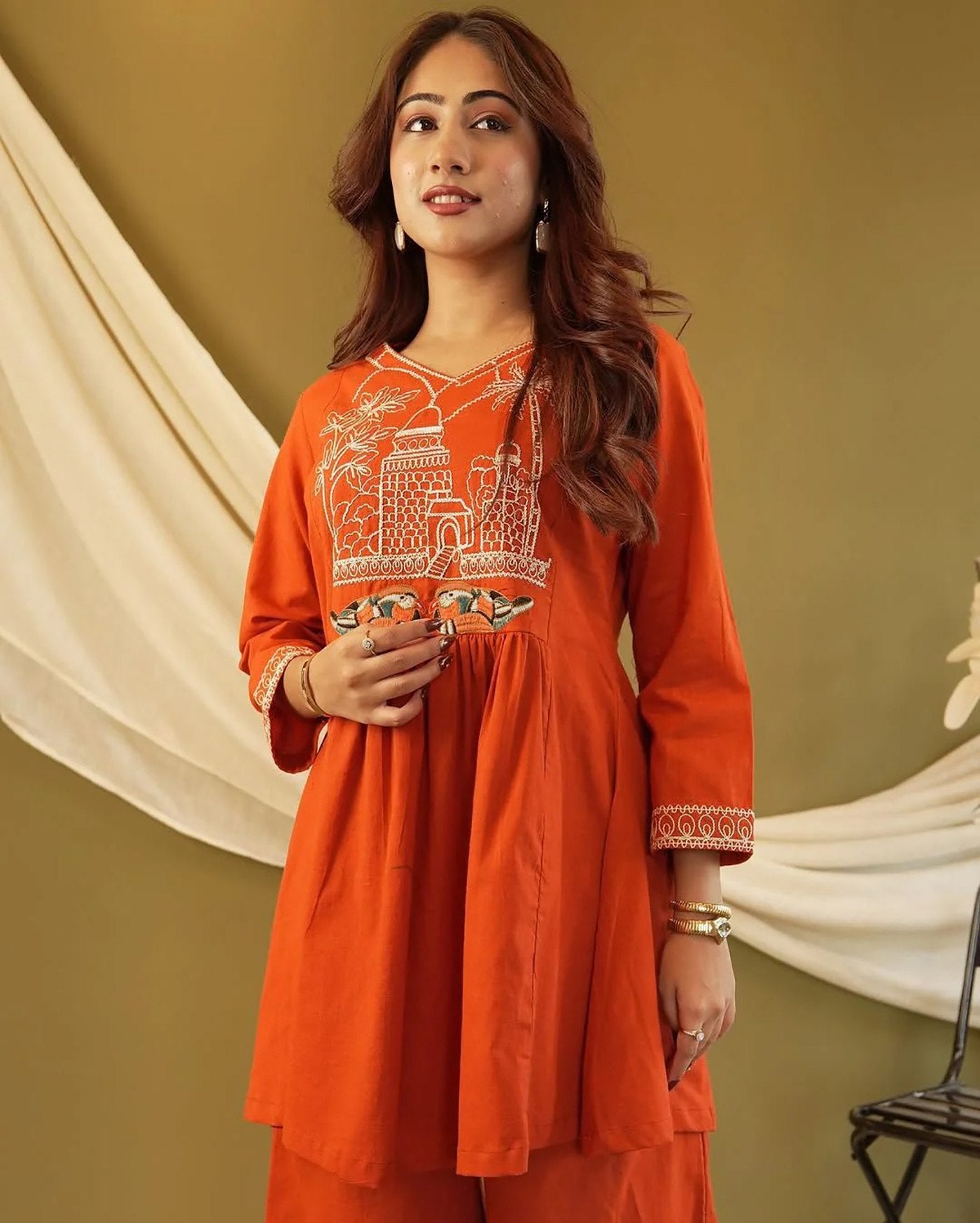 Orange Crepe Embroidered Co-Ord Kurta Pant Set