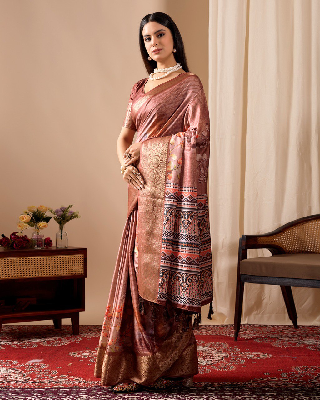 Brown Lichi Silk Saree with Patola Design Woven Border Elegant Ethnic Wear