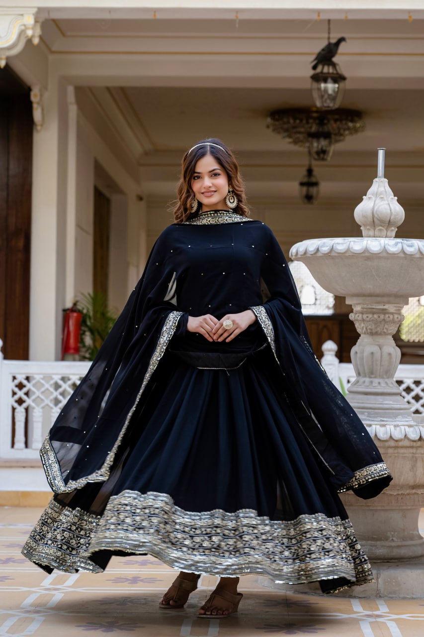 Black Sequins Anarkali Gown with Dupatta