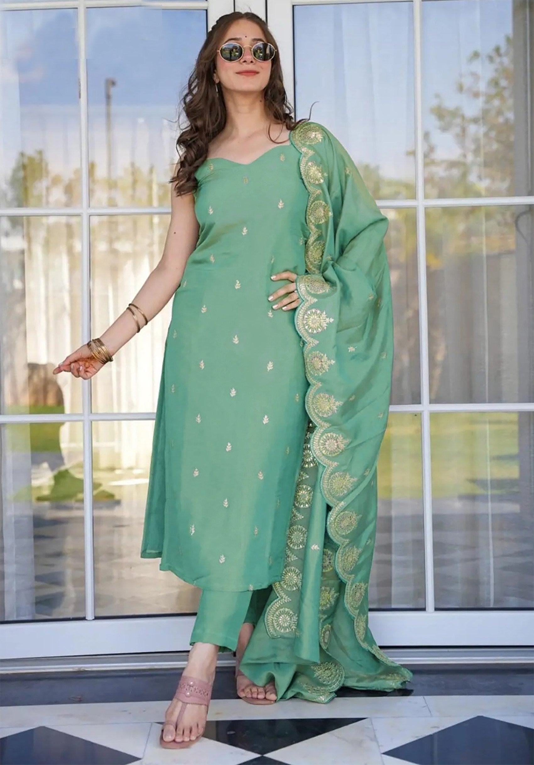 Light Green Tesla Embroidered Kurta Pant Set with Dupatta