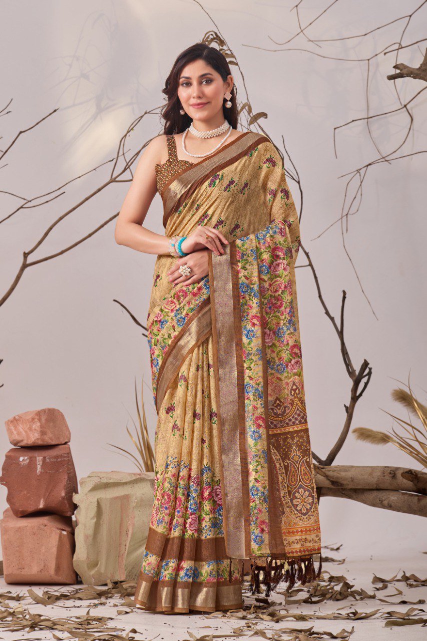 Beige Floral Linen Cotton Saree with Printed Blouse