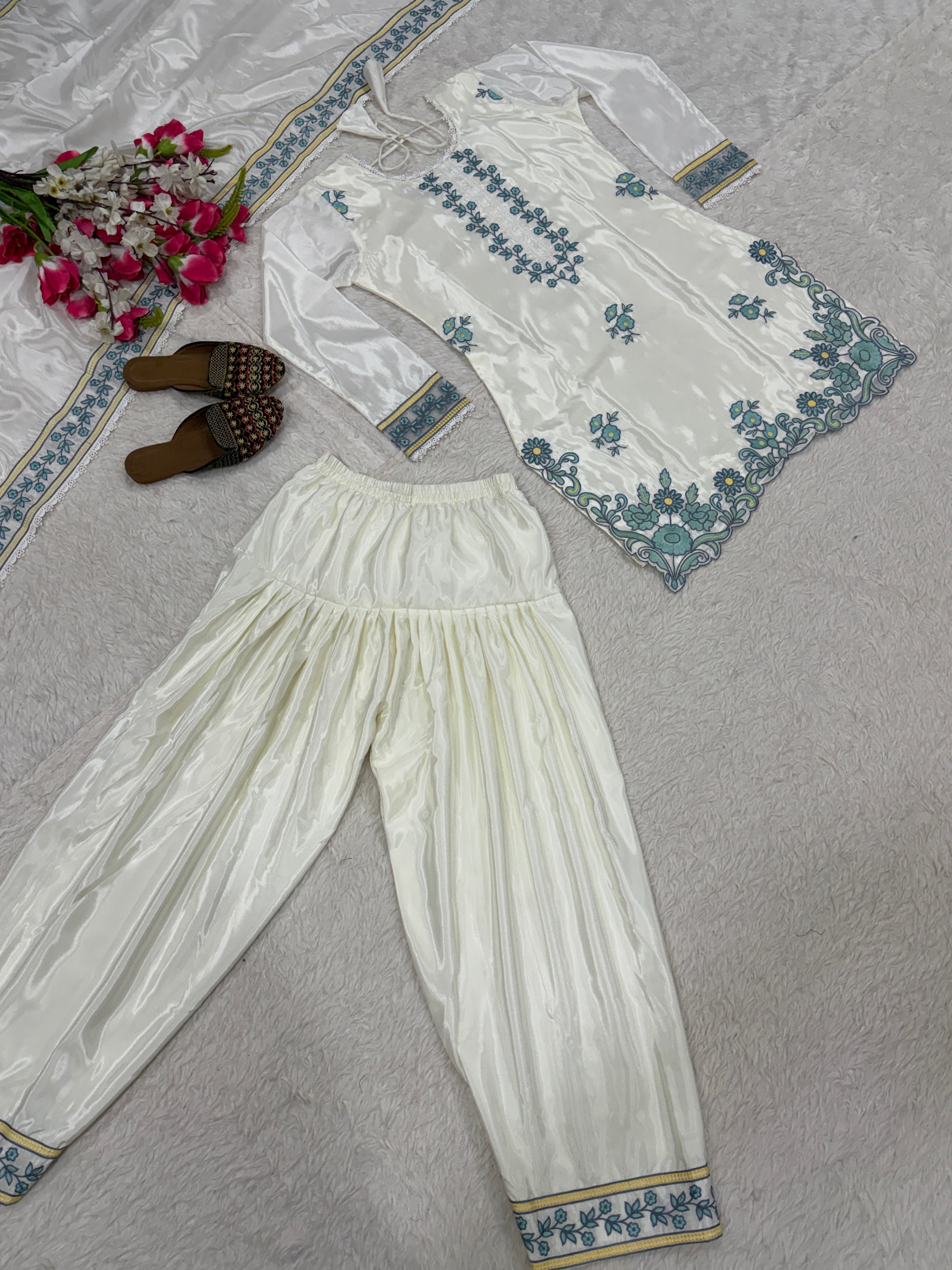 Heavy SO Silk Kurti Farshi Salwar Set with Dupatta Embroidery Work Party Wear