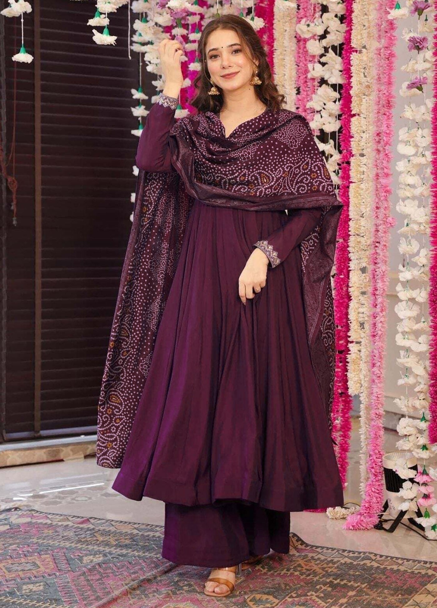 Purple Vichitra Anarkali Kurti Palazzo Set with Chanderi Dupatta