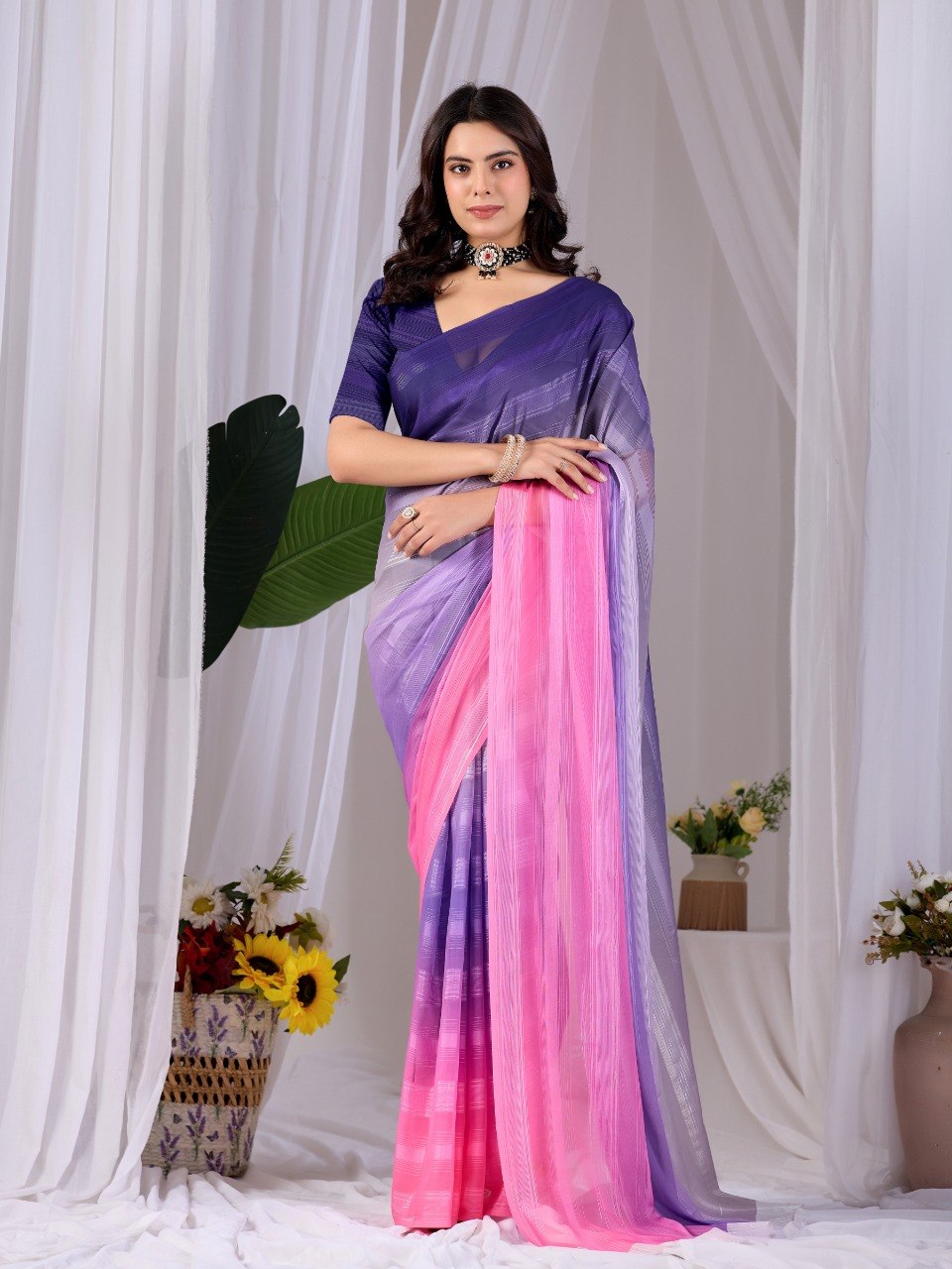 Purple Pink Dual Tone Monsoon Saree with Blouse