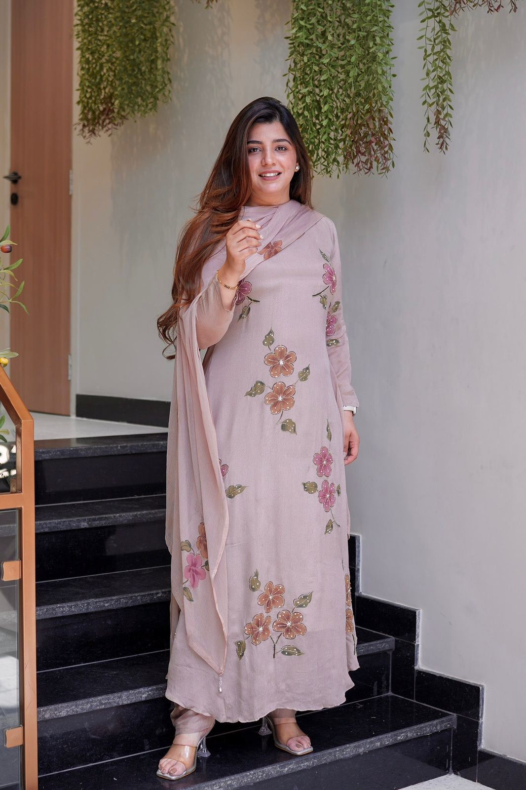 Chinon Silk A-Line Digital Print Kurti Set with Dupatta
