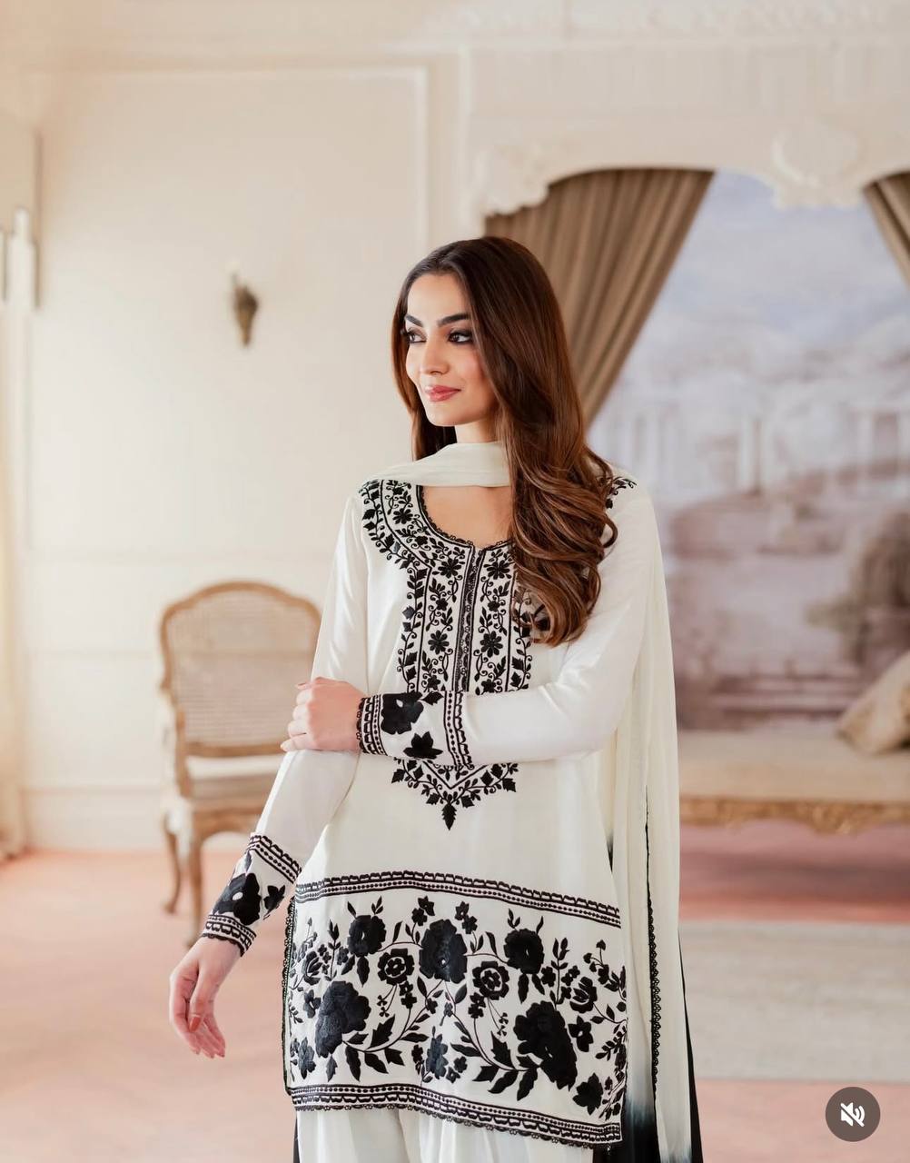 White Crepe Embroidered Farshi Palazzo Set with Dupatta