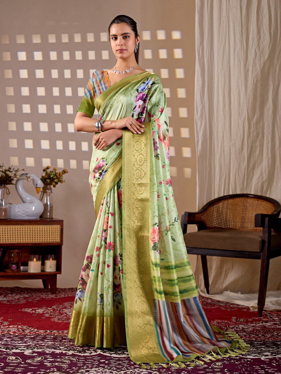 Green Floral Lichi Silk Saree with Zari Border Blouse