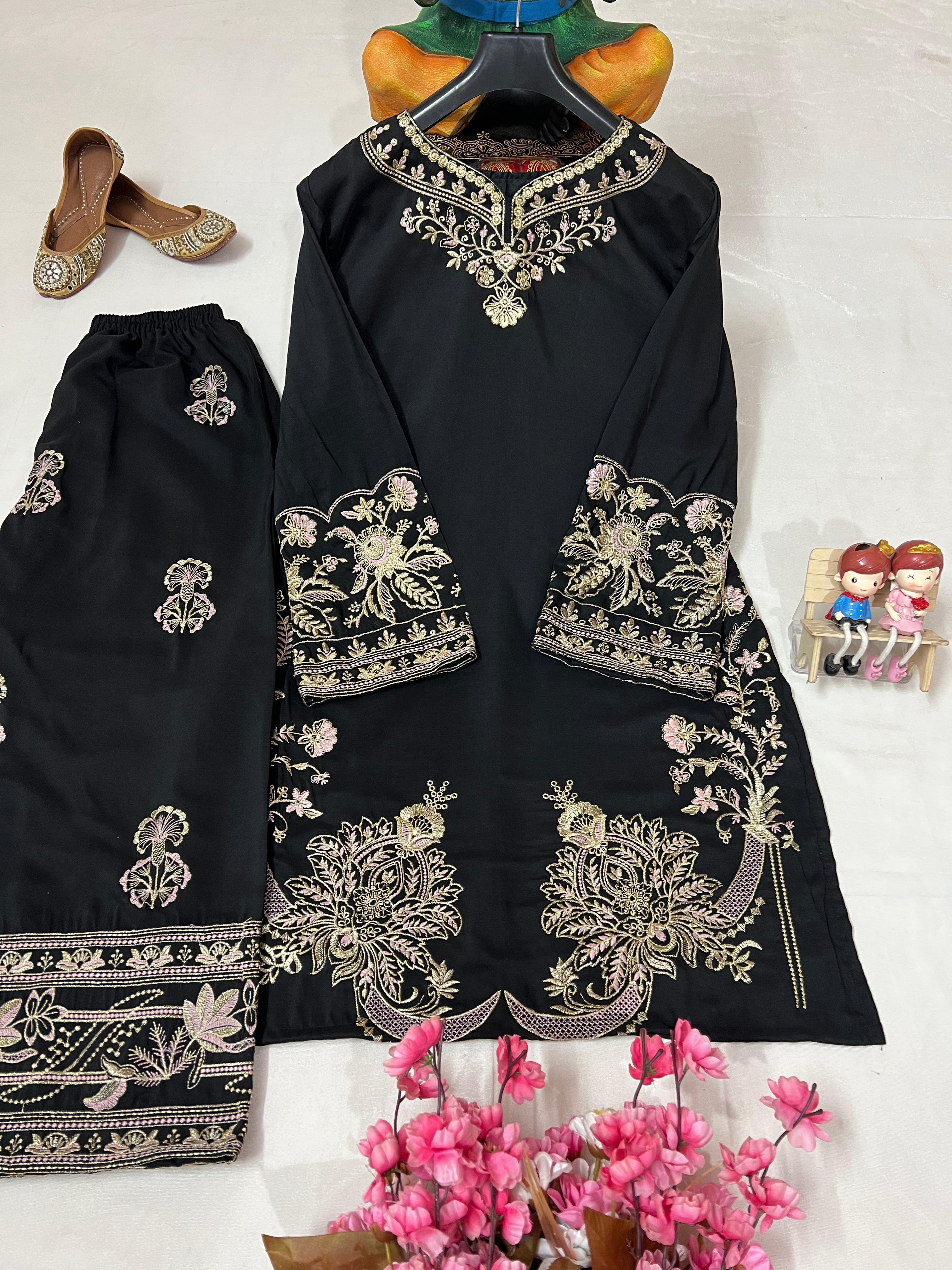 Black Muslin Cotton Embroidered Co-Ord Palazzo Set
