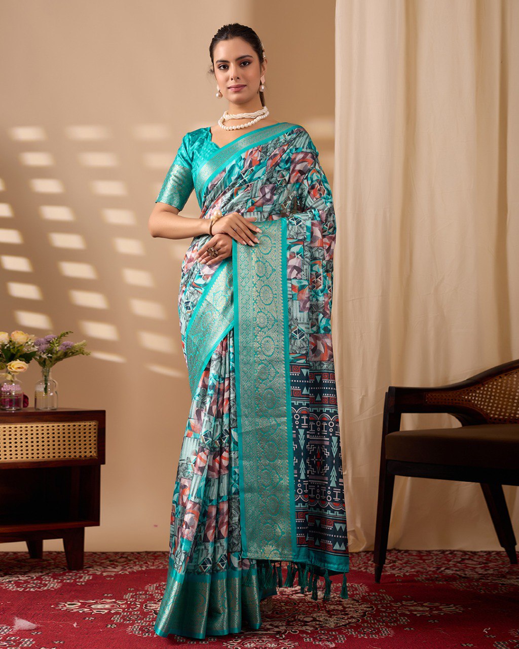 Sea Green Lichi Silk Saree with Zari Border Abstract Floral Print