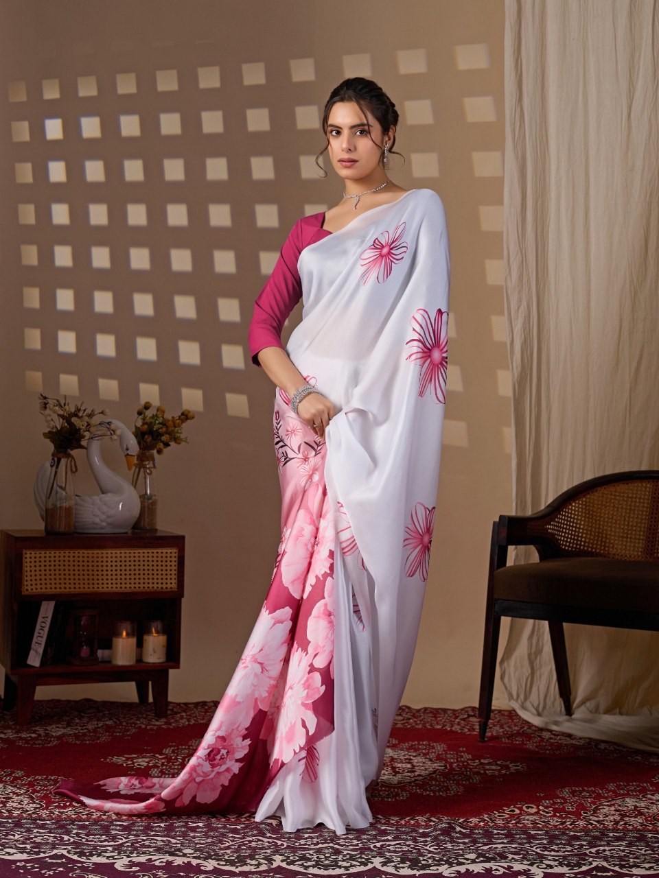 White Pink Floral Satin Georgette Saree with Blouse
