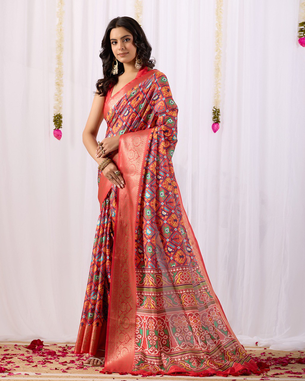 Red Patola Lichi Silk Saree with Contrast Blouse