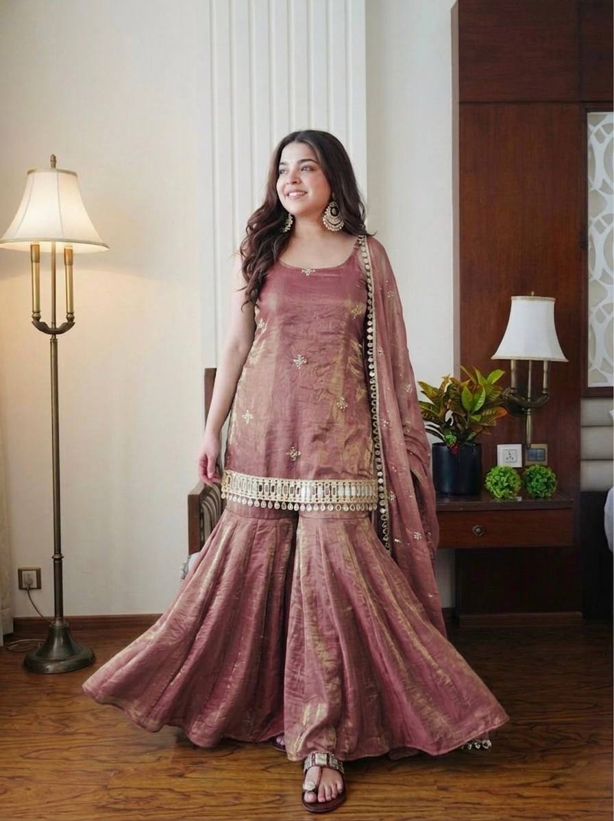 Fendy Silk Sharara Palazzo Set with Dupatta Mirror Work Embroidered Festive Wear