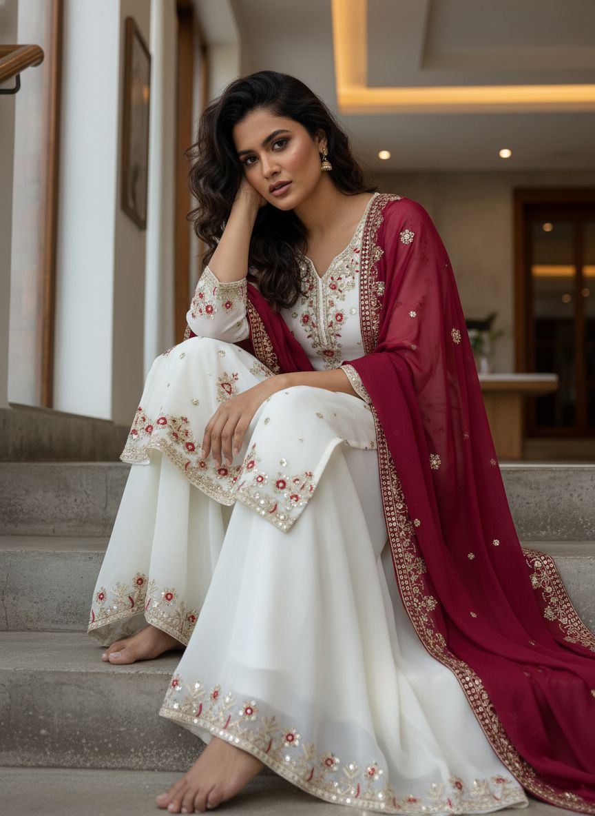 Black & Off White Georgette Sequins Palazzo Set with Dupatta