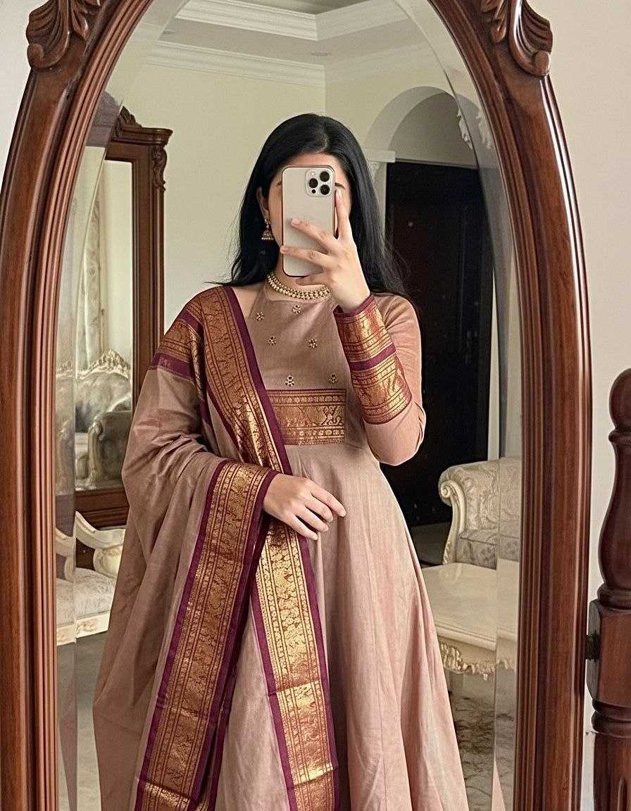Brown Pattu Cotton Anarkali Kurti Set with Zari Border Dupatta