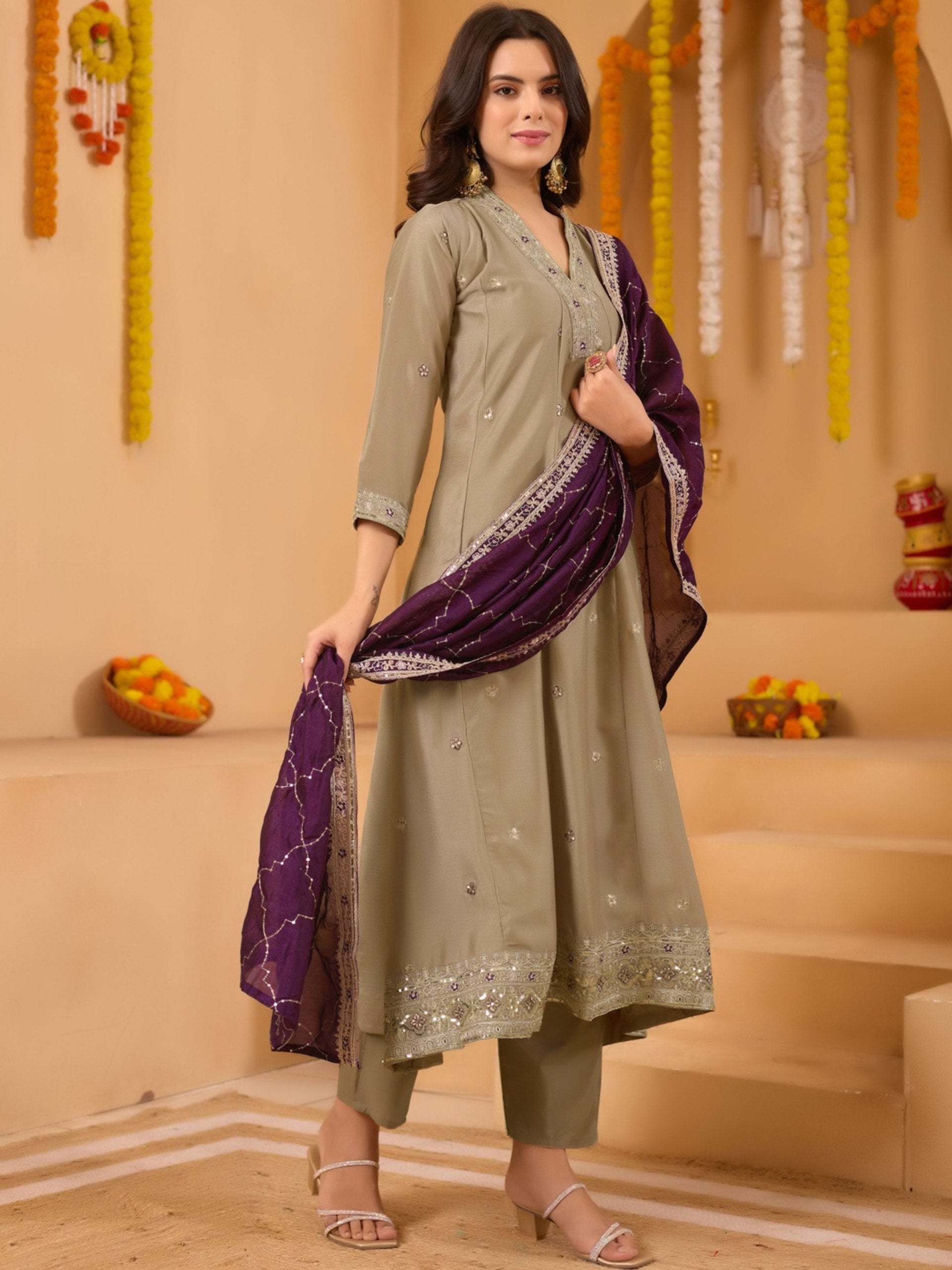 Beige & Wine Vichitra Anarkali Kurti Set with Dupatta