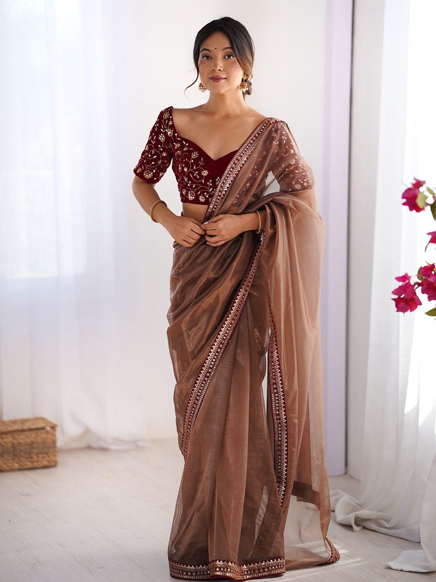 Brown Net Saree with Velvet Embroidered Blouse