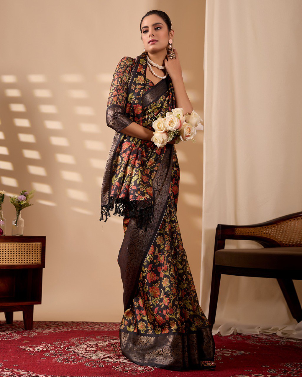 Black Floral Lichi Silk Saree with Zari Border Blouse