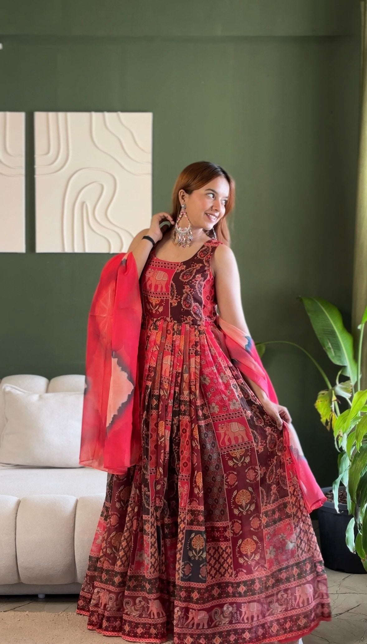 Red Patola Print Organza Gown with Dupatta