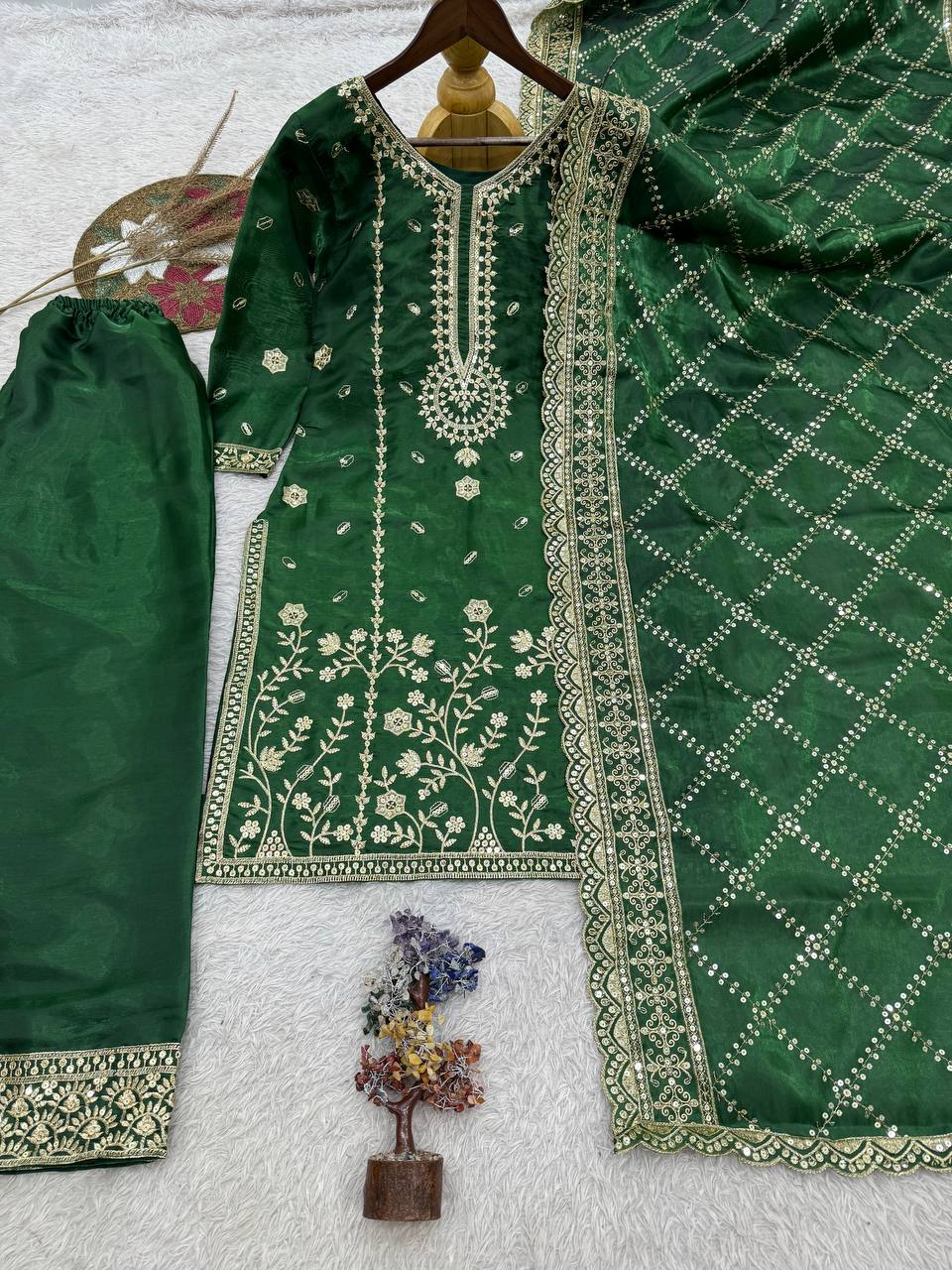 GMY Silk Heavy Sequins Kurti Palazzo Set with Dupatta